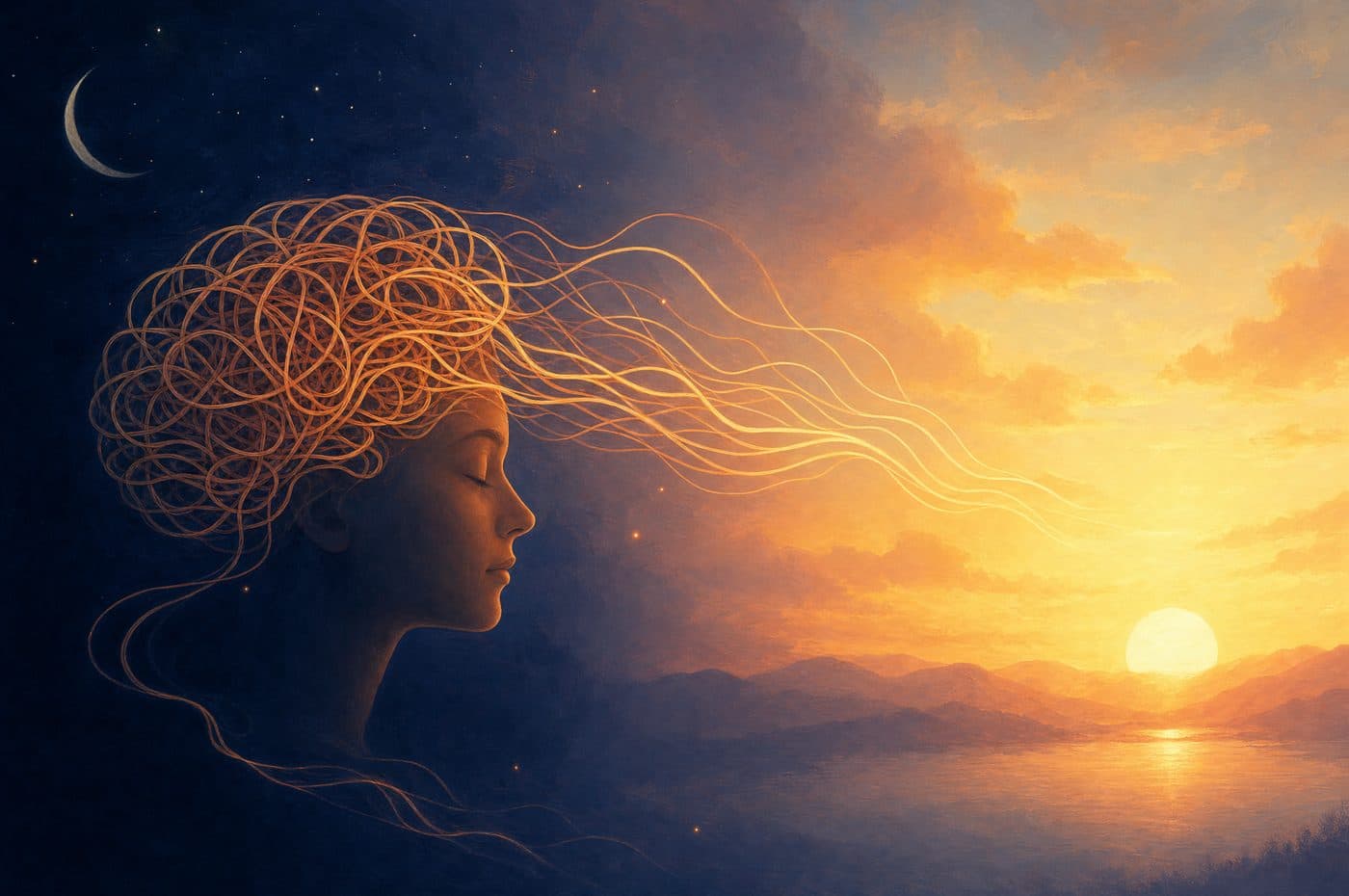 Illustration of a face in profile with tangled lines streaming toward a sunrise