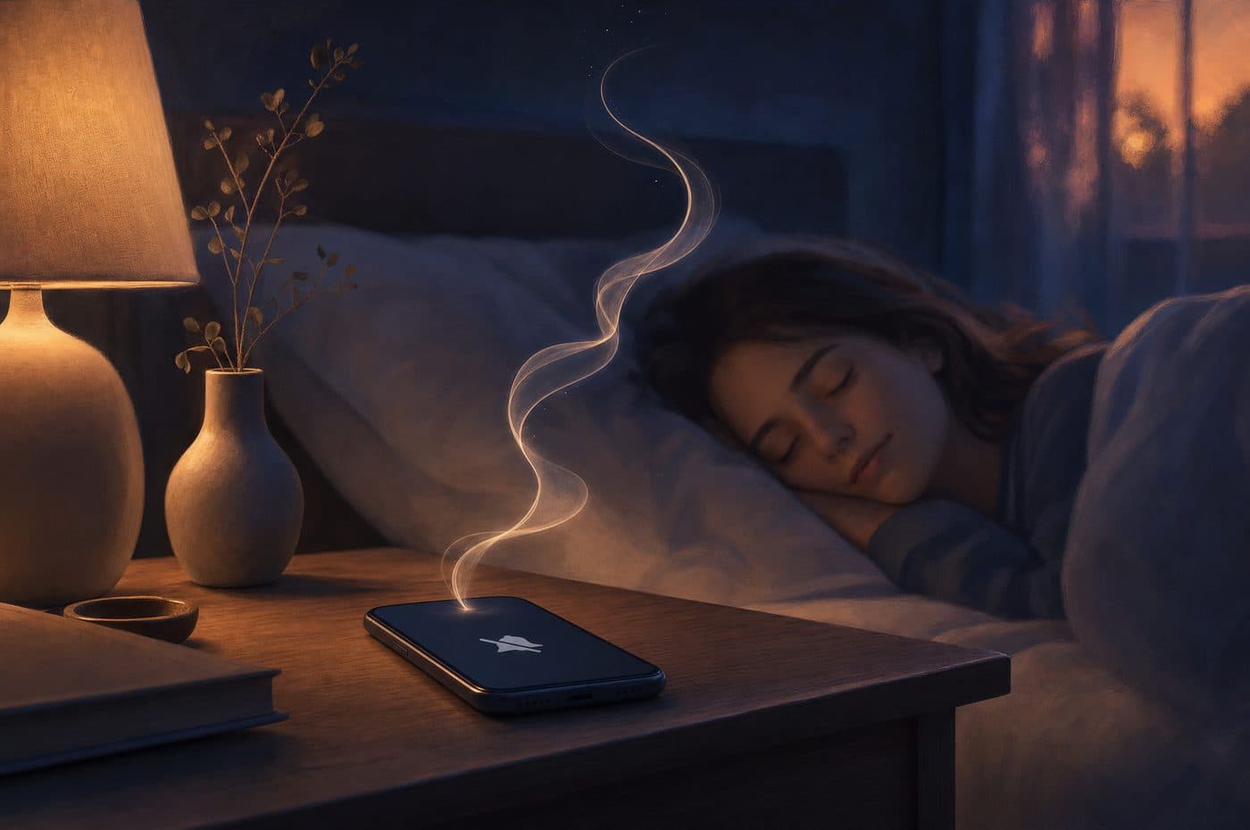 A person asleep beside a phone lying on the nightstand