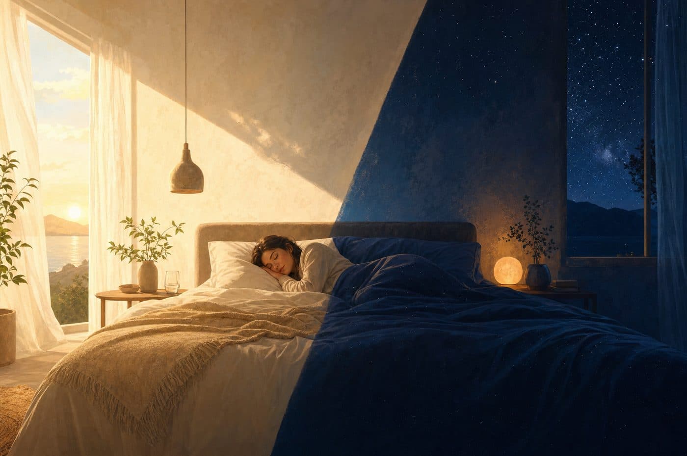 A bedroom split down the middle between bright daylight and a starry night
