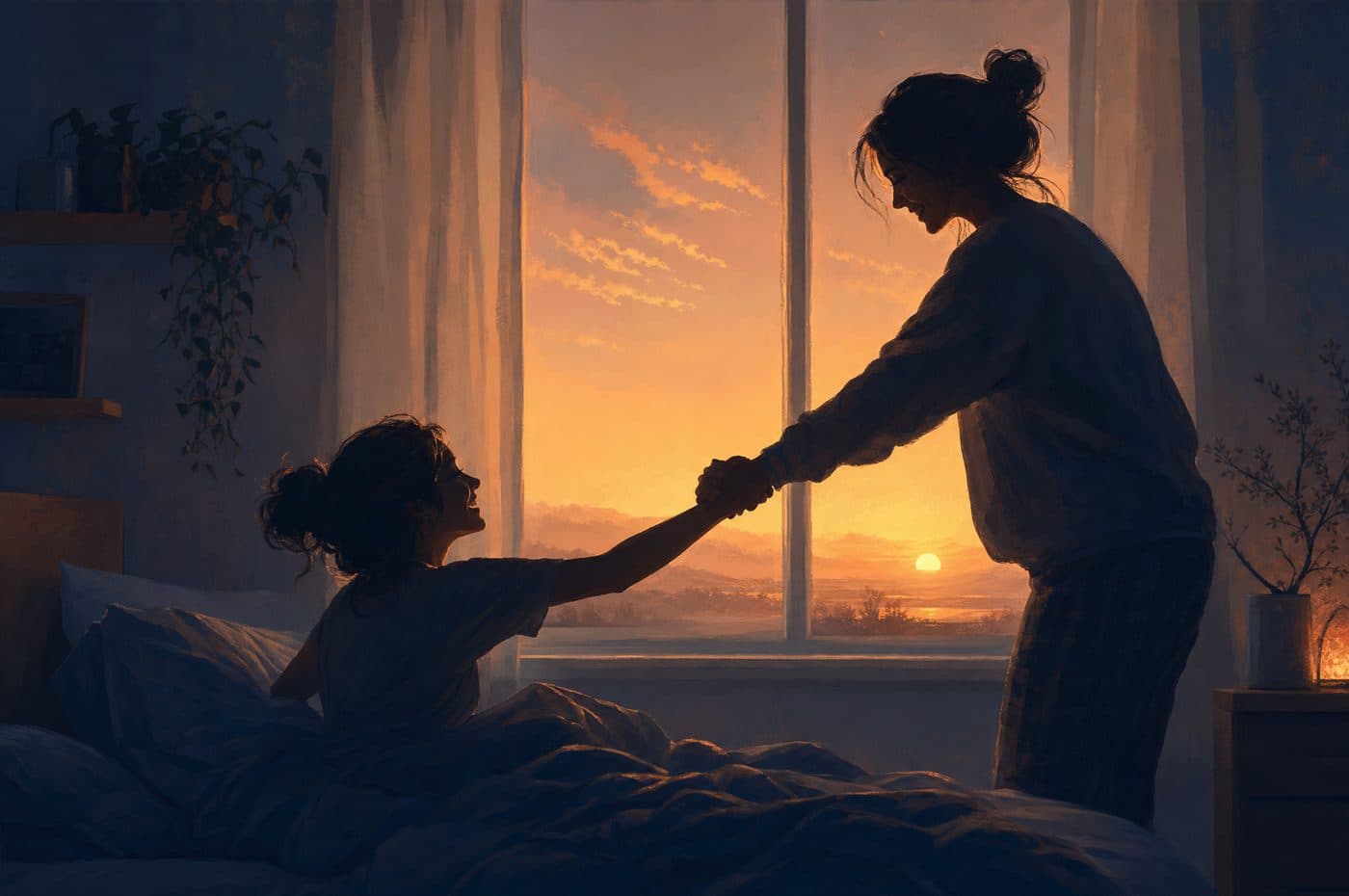 One person pulling another out of bed by the hand at sunrise