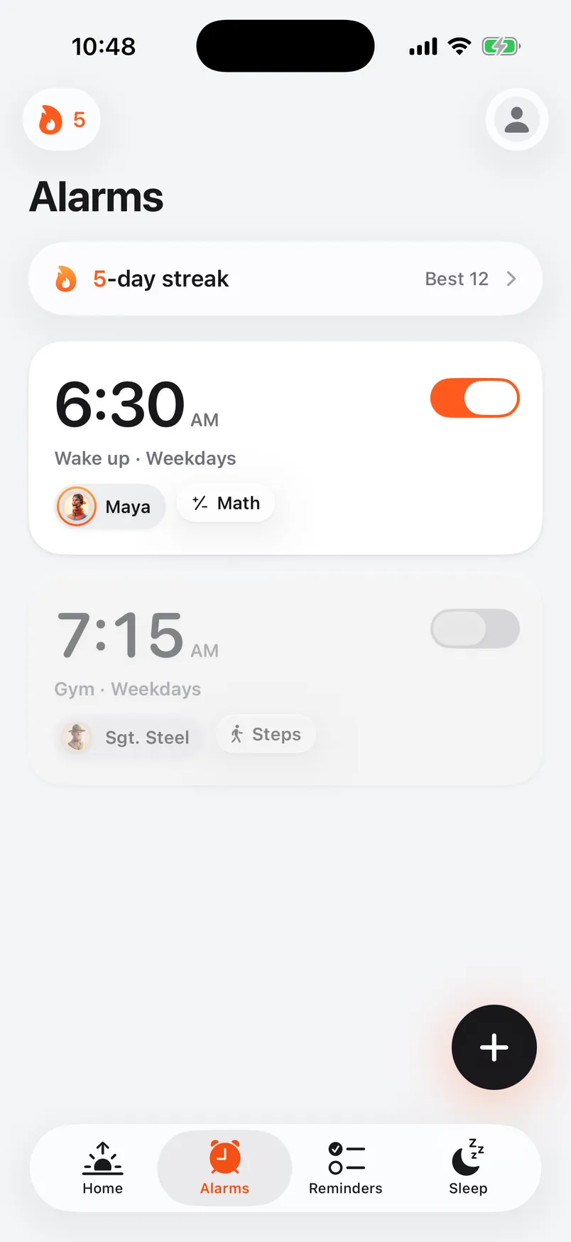 The Alarms tab: Wake up at 6:30 AM on weekdays, and Gym at 7:15 AM switched off