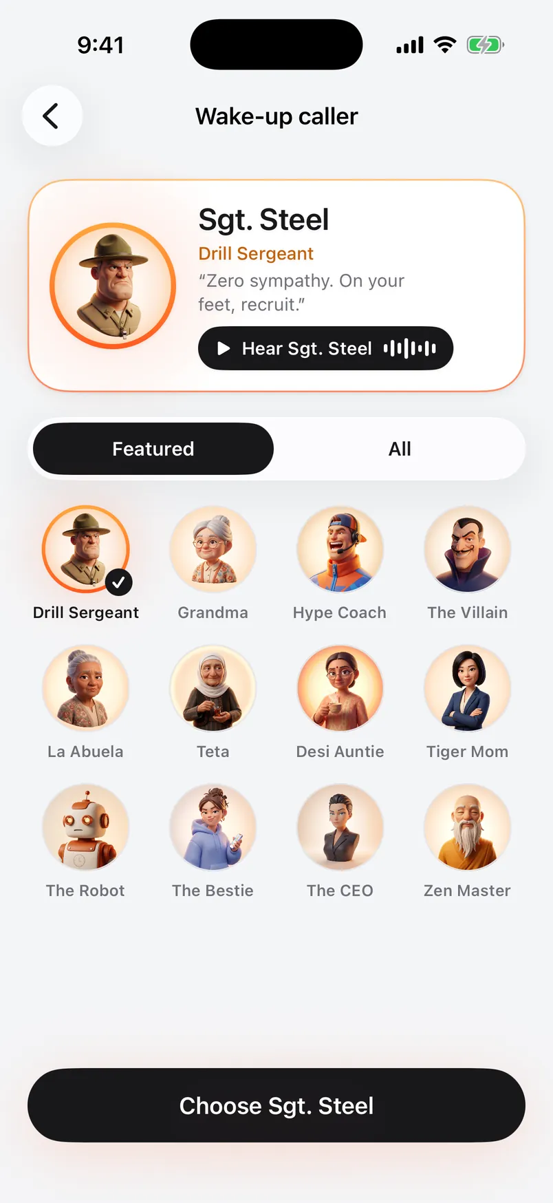 Choosing a wake-up caller: Sgt. Steel, the Drill Sergeant, and eleven more