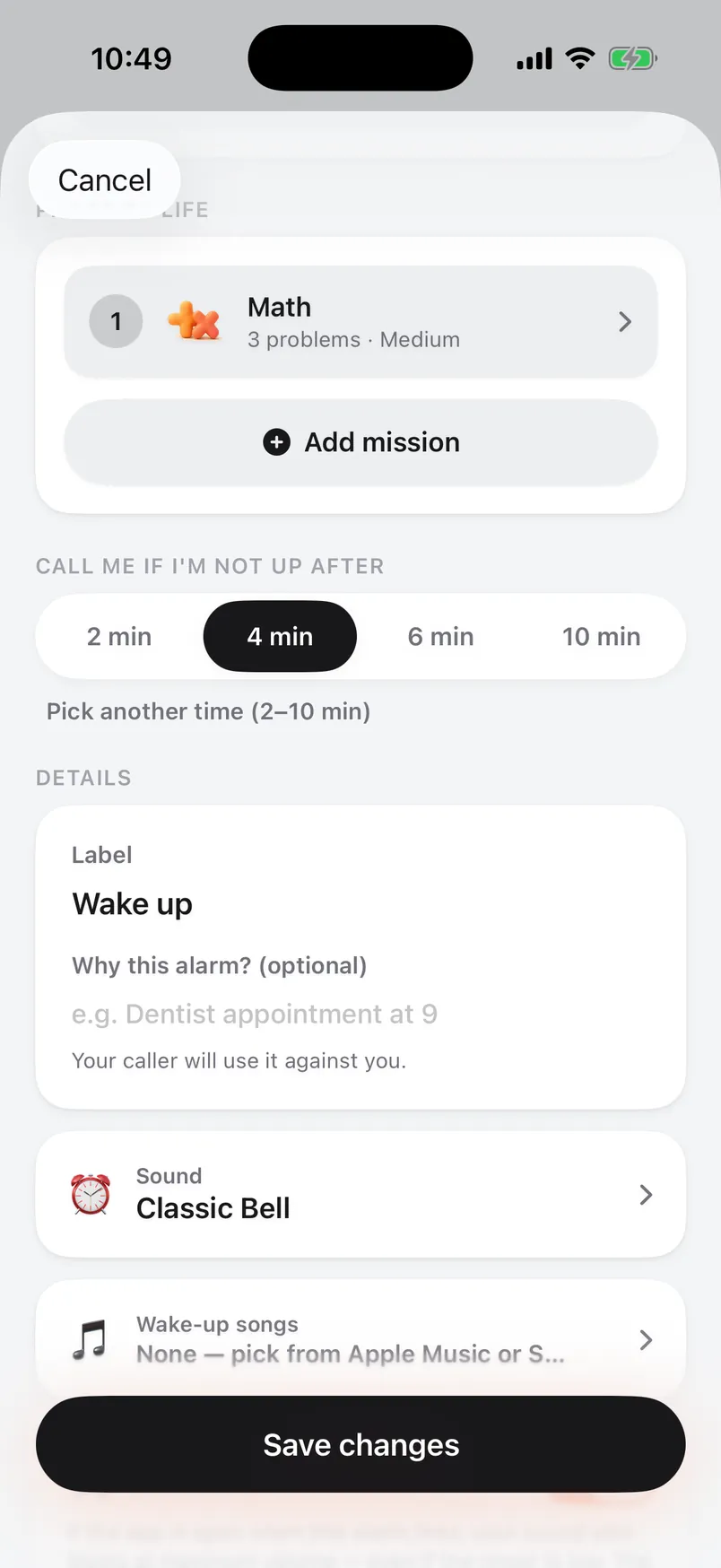 The alarm's mission and the call-me-after setting of 4 minutes