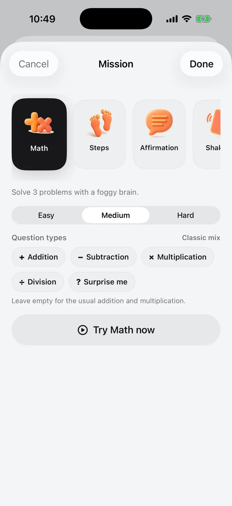 Choosing the Math mission: three problems at medium difficulty